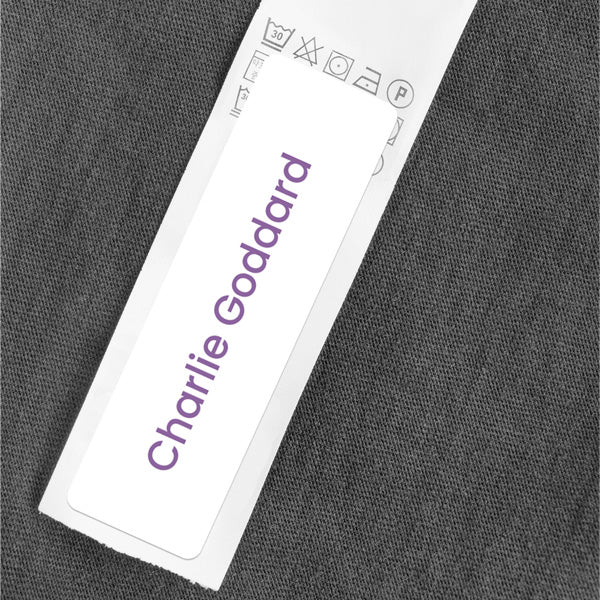 Medium Personalised Stick On Waterproof (Equipment) Name Labels - Purple Text - Pack of 36