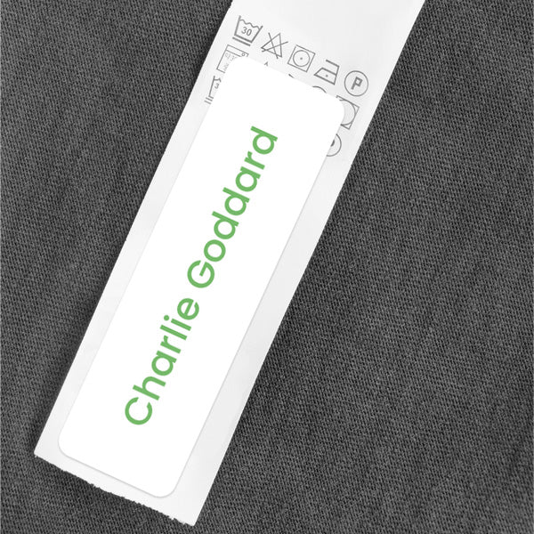 No Iron Small Personalised Stick On Waterproof Name Labels - White with Green Text - Pack of 64