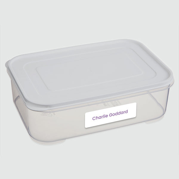 Medium Personalised Stick On Waterproof (Equipment) Name Labels - Purple Text - Pack of 36