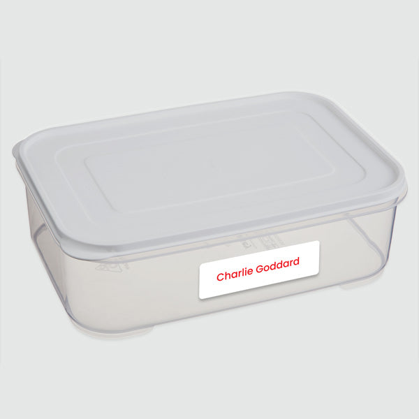 Medium Personalised Stick On Waterproof (Equipment) Name Labels - Red Text - Pack of 36