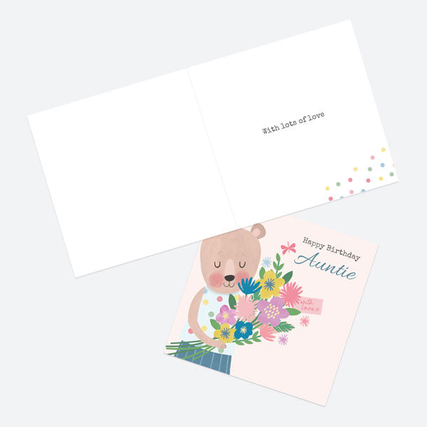 Aunt Birthday Card - Dotty Bear - Bouquet - Happy Birthday Auntie