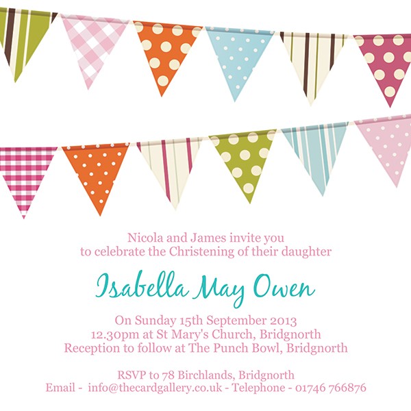 Christening Invitations - Pink Bunting - Postcard - Pack of 10