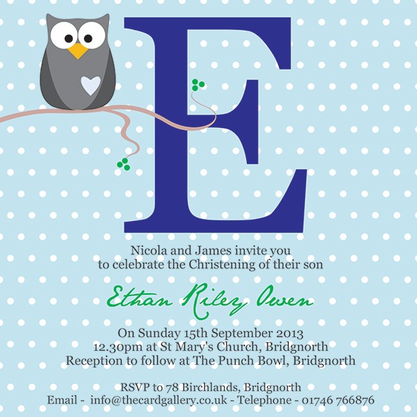Christening Invitations - Owl Initial Blue - Postcard - Pack of 10