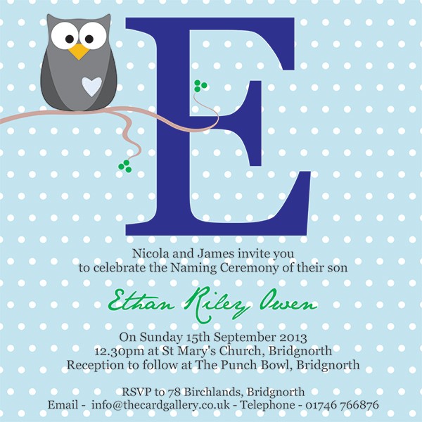 Naming Ceremony Invitations - Owl Initial Blue - Pack of 10