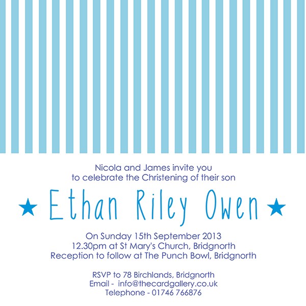 Christening Invitations - Blue Stripes - Postcard - Pack of 10
