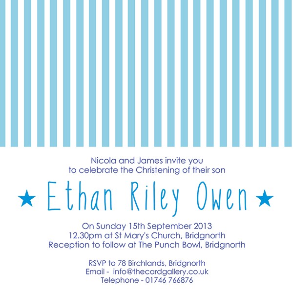 Christening Invitations - Blue Stripes - Postcard - Pack of 10