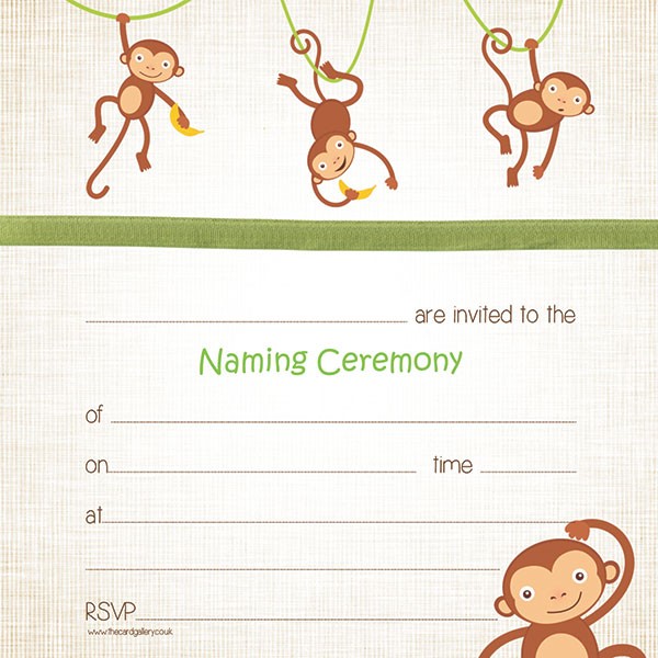 Naming Ceremony Invitations - Boys Monkey - Postcard - Pack of 10