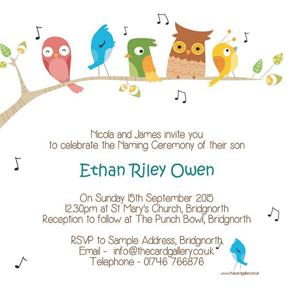 Naming Ceremony Invitations - Singing Birds - Pack of 10