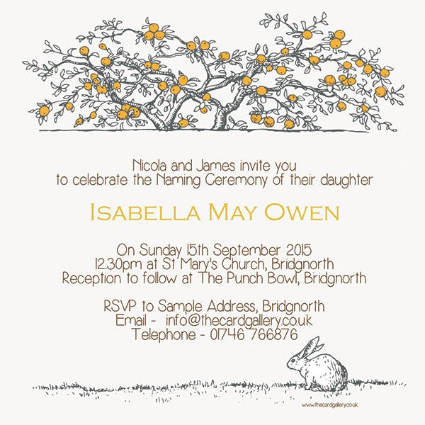 Naming Ceremony Invitations - Tree & Rabbit - Postcard - Pack of 10