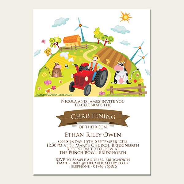 Christening Invitations - Farm Scene - A6 Postcard - Pack of 10