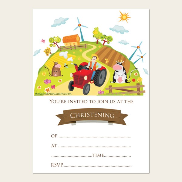 Christening Invitations - Farm Scene - A6 Postcard - Pack of 10
