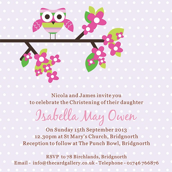 Christening Invitations - Pink Owl in Tree - Postcard - Pack of 10
