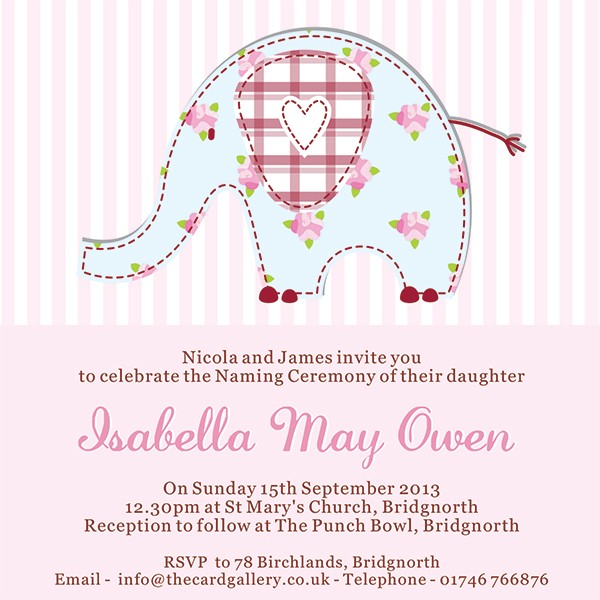 Naming Ceremony Invitations - Patchwork Elephant - Pack of 10