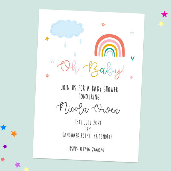 Baby Shower Invitations Chasing Rainbows Pack of 10 Personalised costs an additional