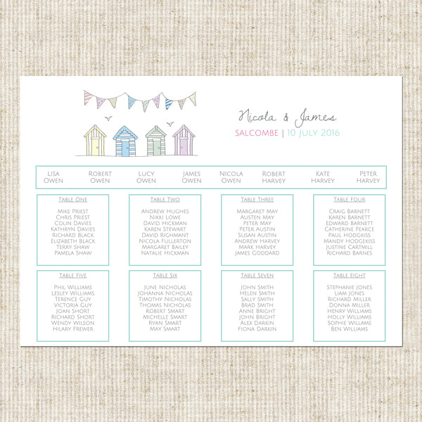 Pastel Bunting & Beach Huts Table Plan - Fast Delivery at Dotty About Paper