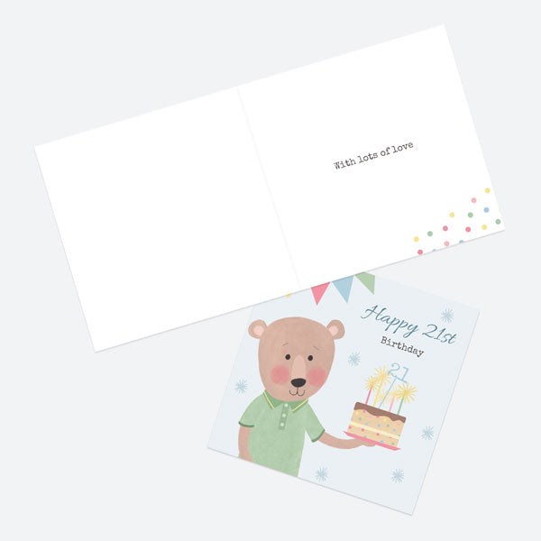 21st Birthday Card - Dotty Bear - Cake - Happy 21st