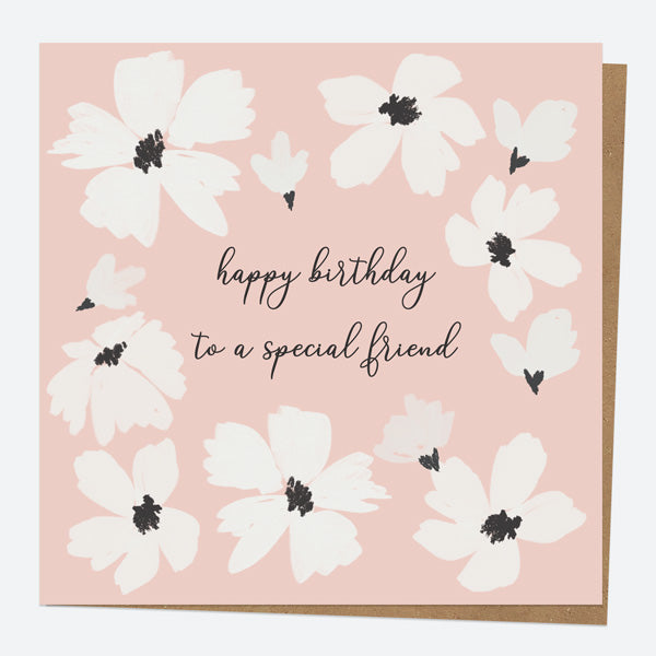 Friend Birthday Card - Blush Modern Floral - Border - Happy Birthday