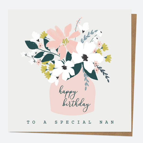 Nan Birthday Card - Blush Modern Floral - Vase - Happy Birthday