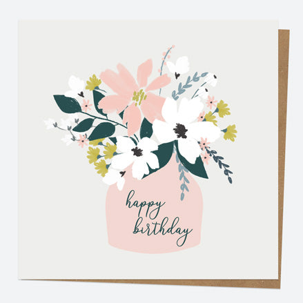 Birthday Card - Blush Modern Floral - Vase - Happy Birthday