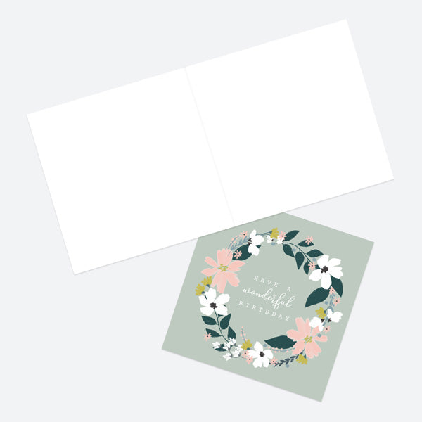 Birthday Card - Blush Modern Floral - Wreath - Wonderful Birthday
