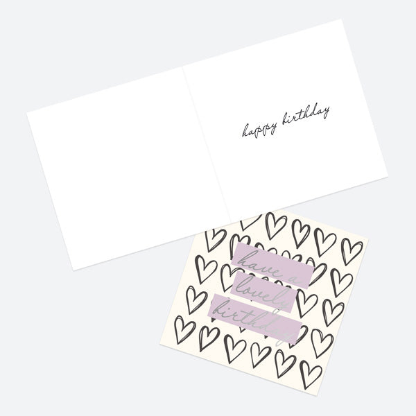Luxury Foil Birthday Card - Sketch Style - Lilac Hearts