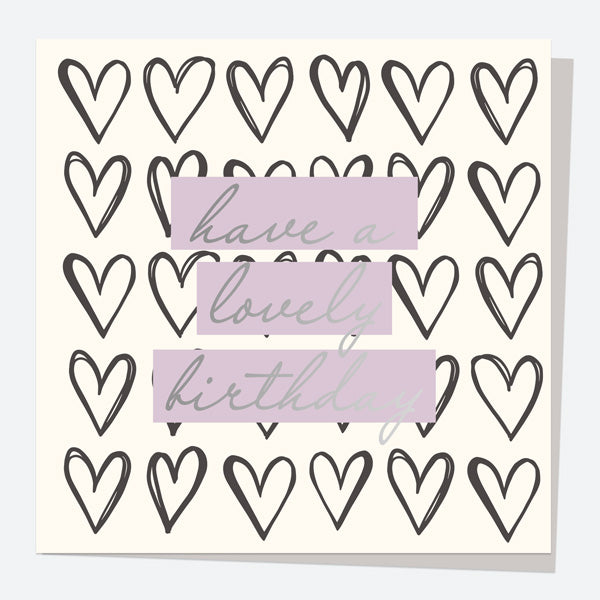 Luxury Foil Birthday Card - Sketch Style - Lilac Hearts