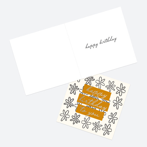 Luxury Foil Birthday Card - Sketch Style - Orange Flower