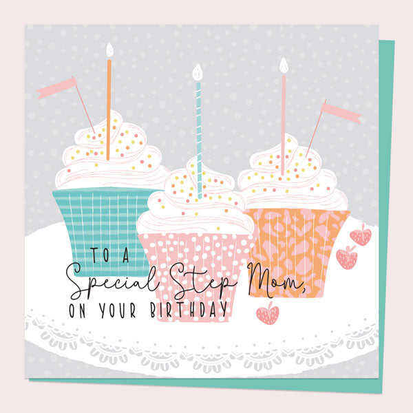 Step Mom Birthday Card - Summer Pastels - Cupcake Trio