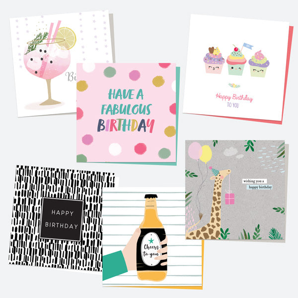 Birthday Cards For Him & For Her - Mixed Drink & Patterns - Pack of 6