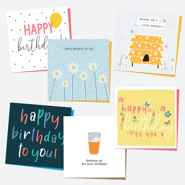 Birthday Cards For Him & For Her - Mixed Flowers & Typography - Pack of 6