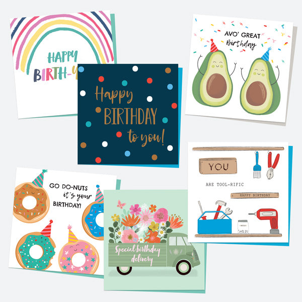 Birthday Cards For Him & For Her - Mixed Food & Patterns - Pack of 6