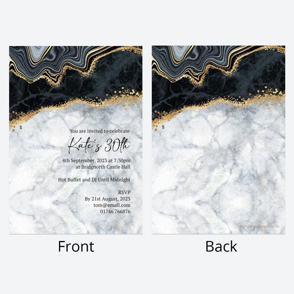 30th Birthday Invitations - Black agate - Pack of 10