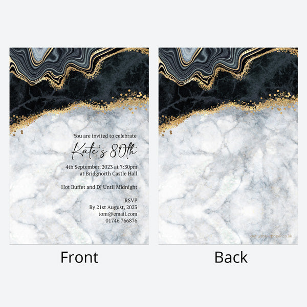 80th Birthday Invitations - Black agate - Pack of 10