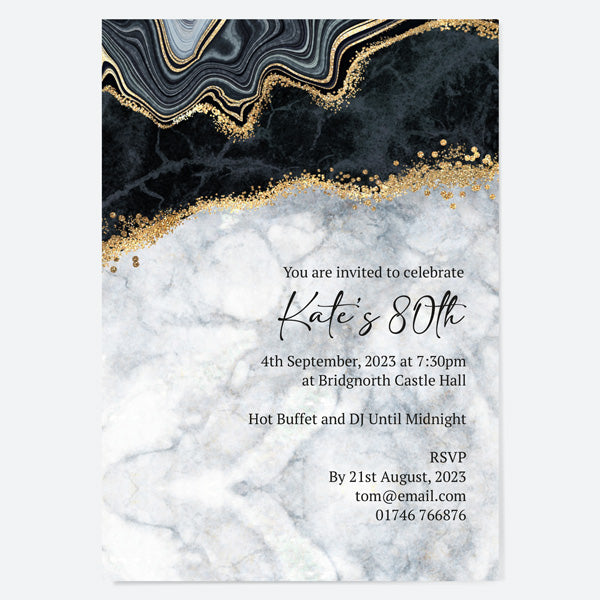 80th Birthday Invitations - Black agate - Pack of 10