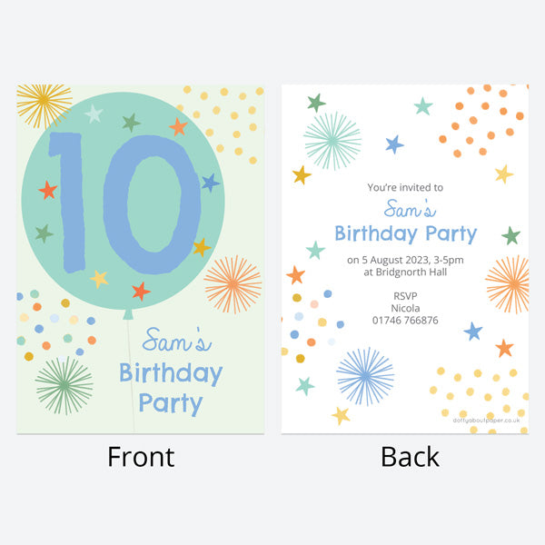 Kids Birthday Invitations - Boys Party Balloons Age 10 - Pack of 10