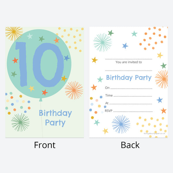 Kids Birthday Invitations - Boys Party Balloons Age 10 - Pack of 10