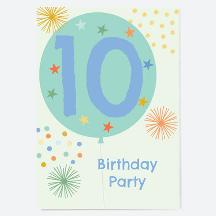 Kids Birthday Invitations - Boys Party Balloons Age 10 - Pack of 10