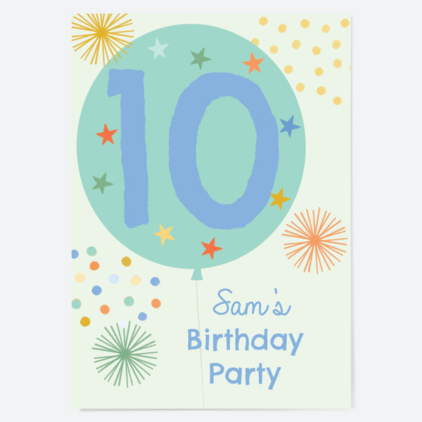 Kids Birthday Invitations - Boys Party Balloons Age 10 - Pack of 10