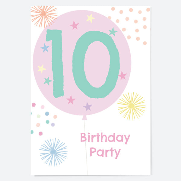 Kids Birthday Invitations - Girls Party Balloons Age 10 - Pack of 10