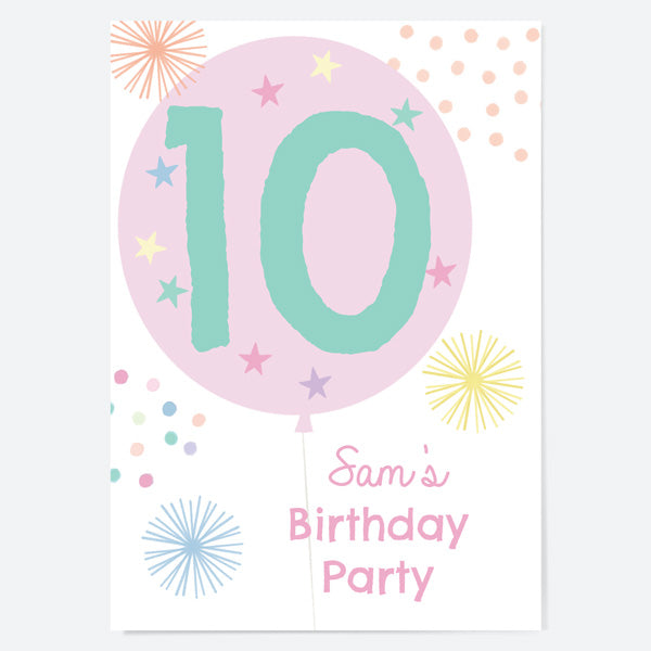 Kids Birthday Invitations - Girls Party Balloons Age 10 - Pack of 10