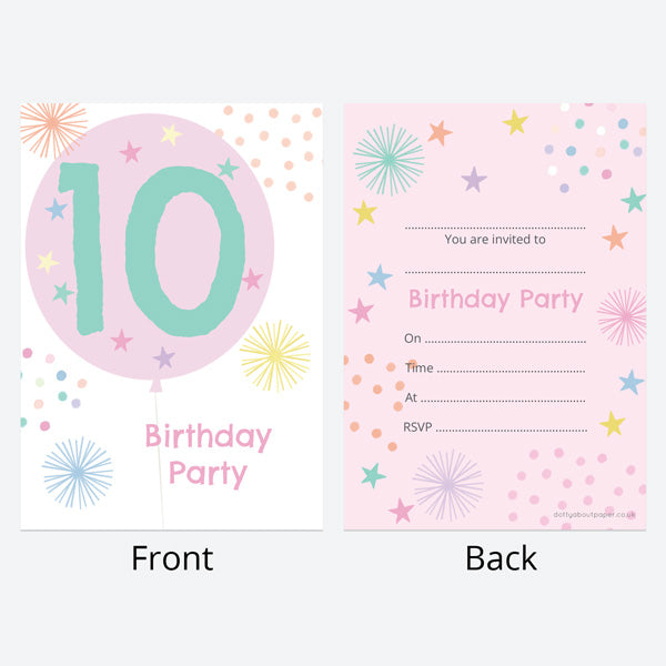 Kids Birthday Invitations - Girls Party Balloons Age 10 - Pack of 10