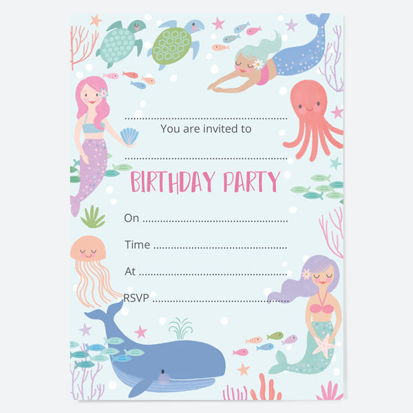 Kids Birthday Invitations - Mermaid Under The Sea - Pack of 10