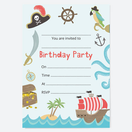 Kids Birthday Invitations - Pirate - Pack of 10