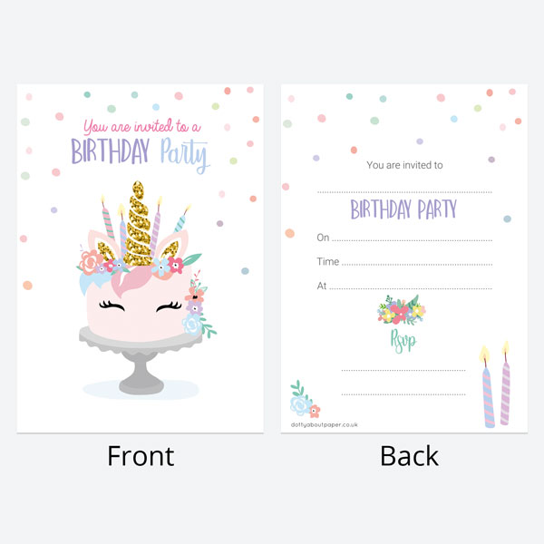 Kids Birthday Invitations - Unicorn Cake - Pack of 10