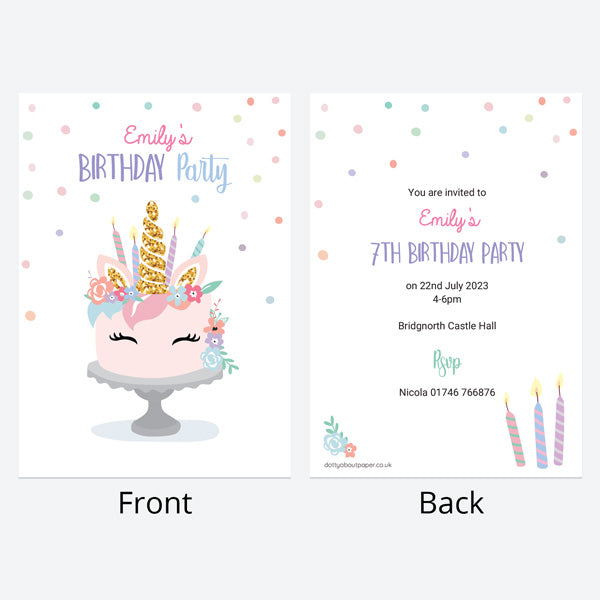 Kids Birthday Invitations - Unicorn Cake - Pack of 10