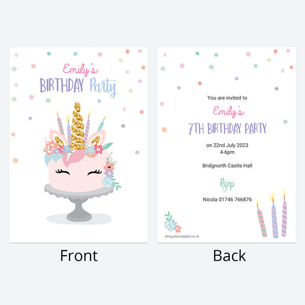 Kids Birthday Invitations - Unicorn Cake - Pack of 10