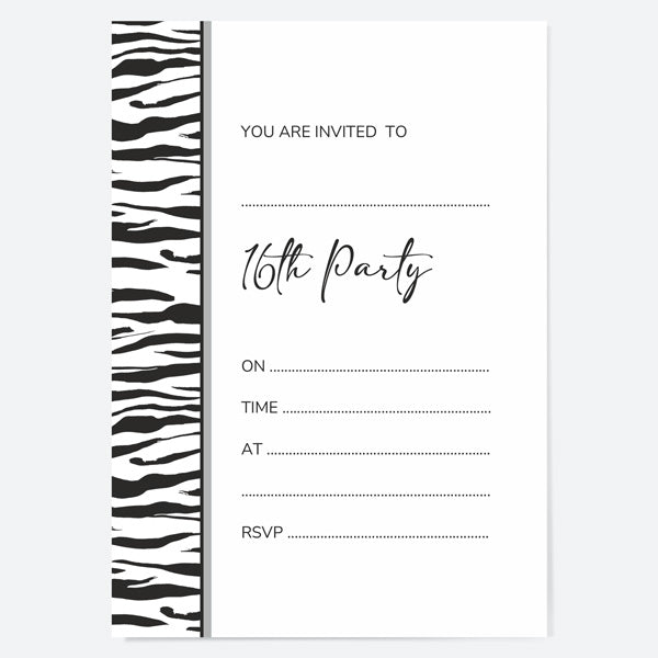 16th Birthday Invitations - Zebra Print Border - Pack of 10