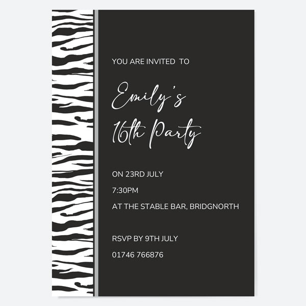 16th Birthday Invitations - Zebra Print Border - Pack of 10