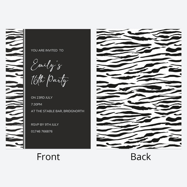 16th Birthday Invitations - Zebra Print Border - Pack of 10
