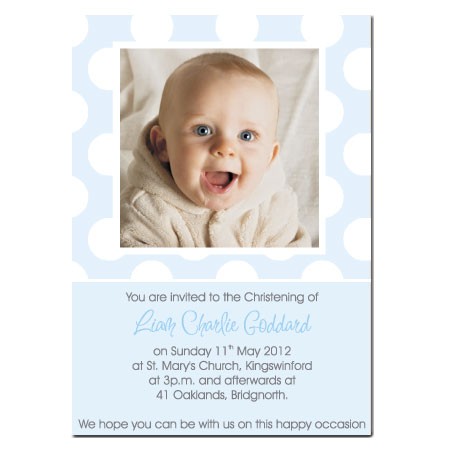 Christening Invitations - Use Own Photo Blue Polka Dot - Postcard - Pack of 10